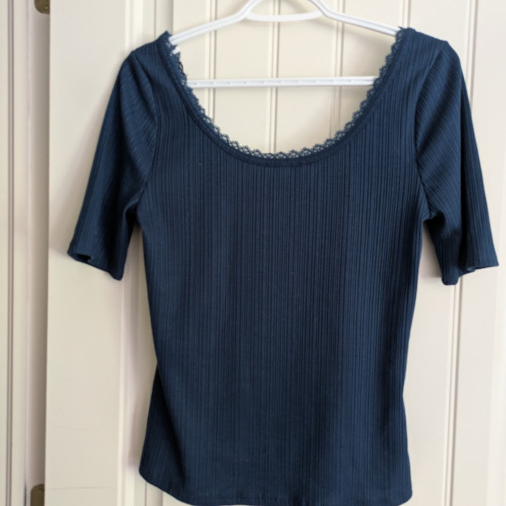 RW&CO. Navy Ribbed Shirt with Lace Trim